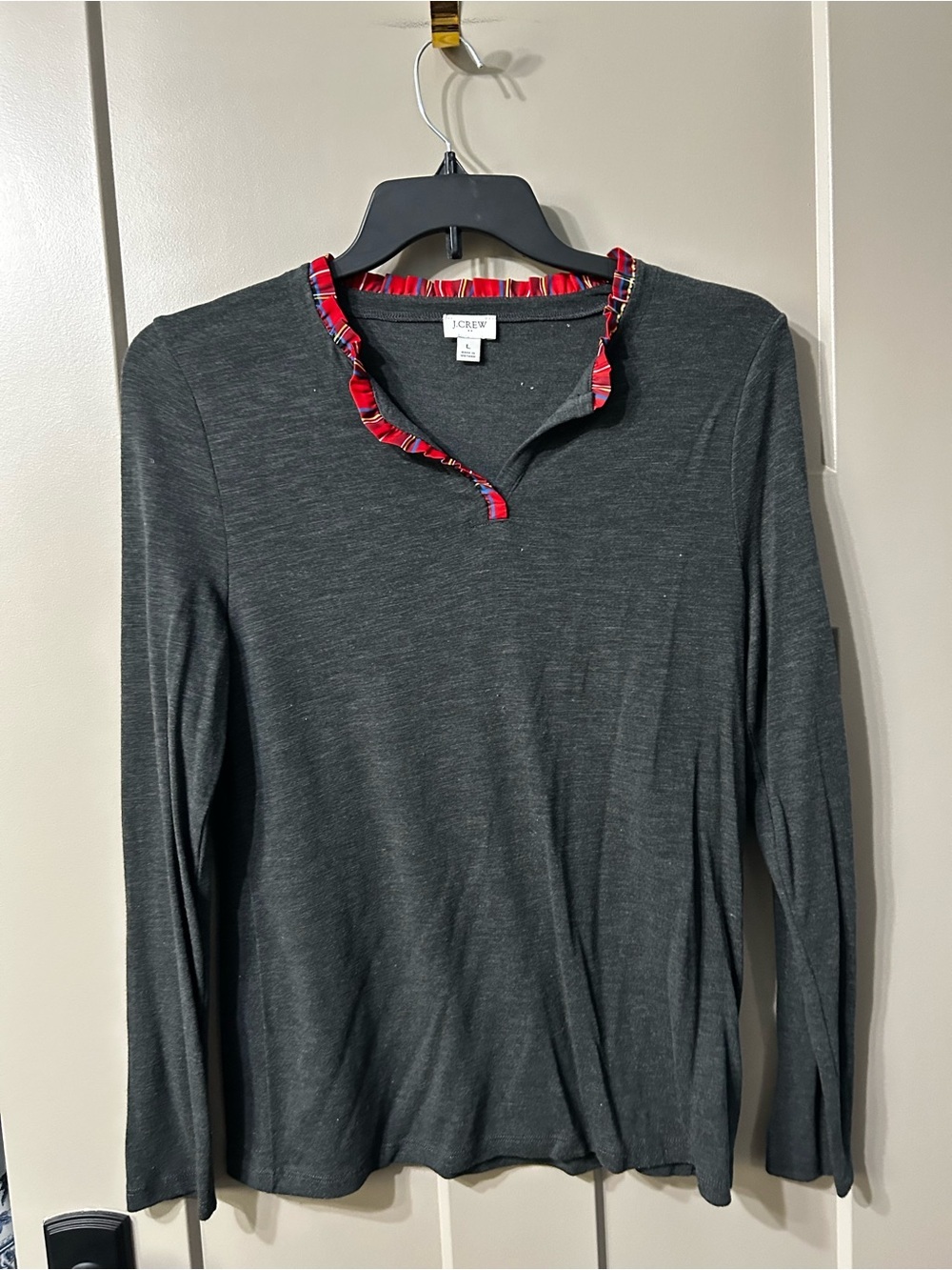 J.Crew Dark Gray Long Sleeve Top with Ruffle Red Plaid Trim